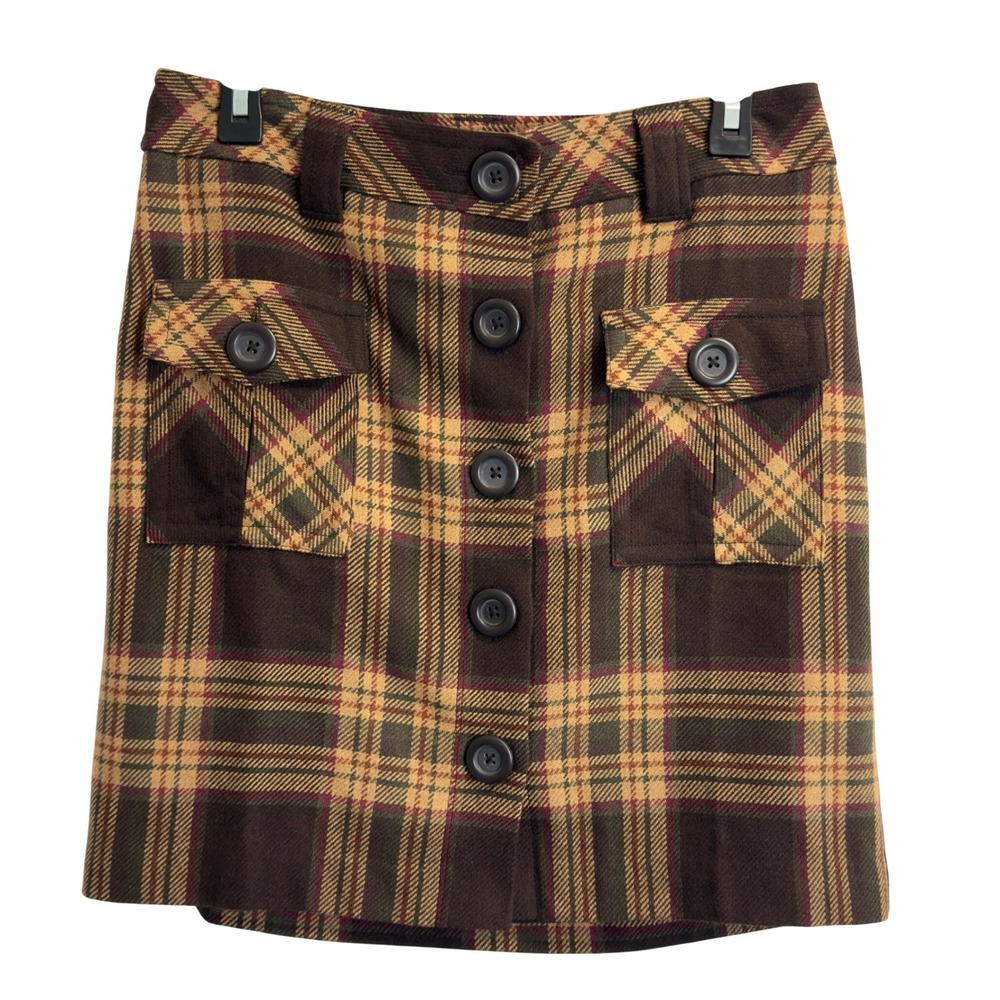 Ann Taylor Loft Petites Brown Plaid Button Front Mini Skirt Wool Blend Size 6P